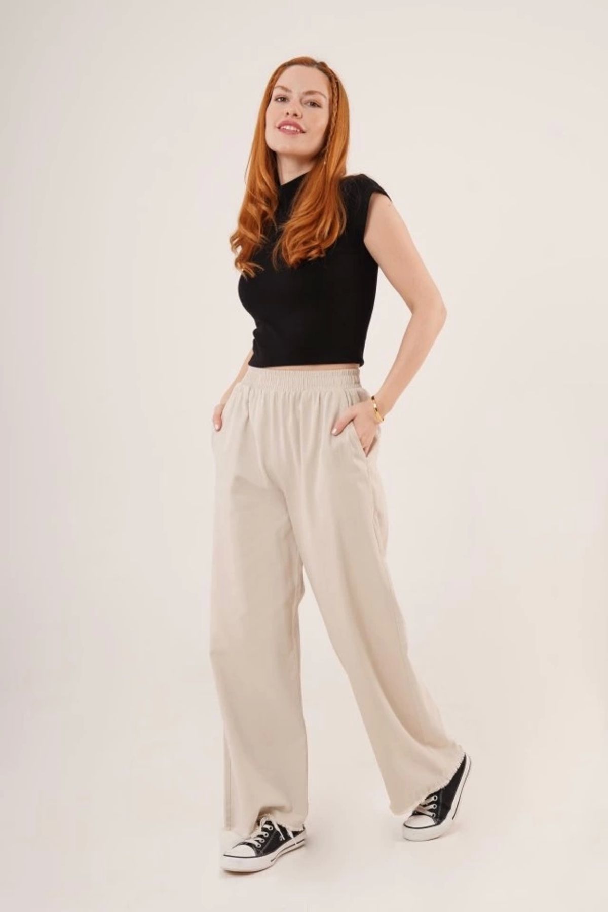MODA Bel astikli Paça Detaylı Cepli Krem Pantolon