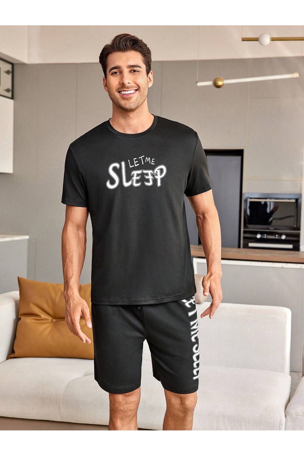 aynewmoda Erkek Kısa Kollu Logo Baskılı Şortlu Pijama Takımı