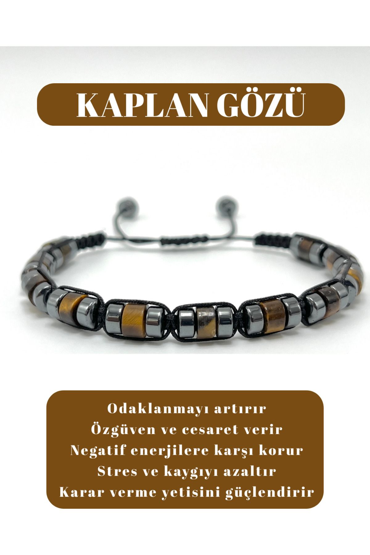 YILDIZ DOĞAL TAŞ Sertifikalı Kaplan Gözü Disk Model Doğal Taş Makrome Bileklik Ayarlanabilir Ölçü