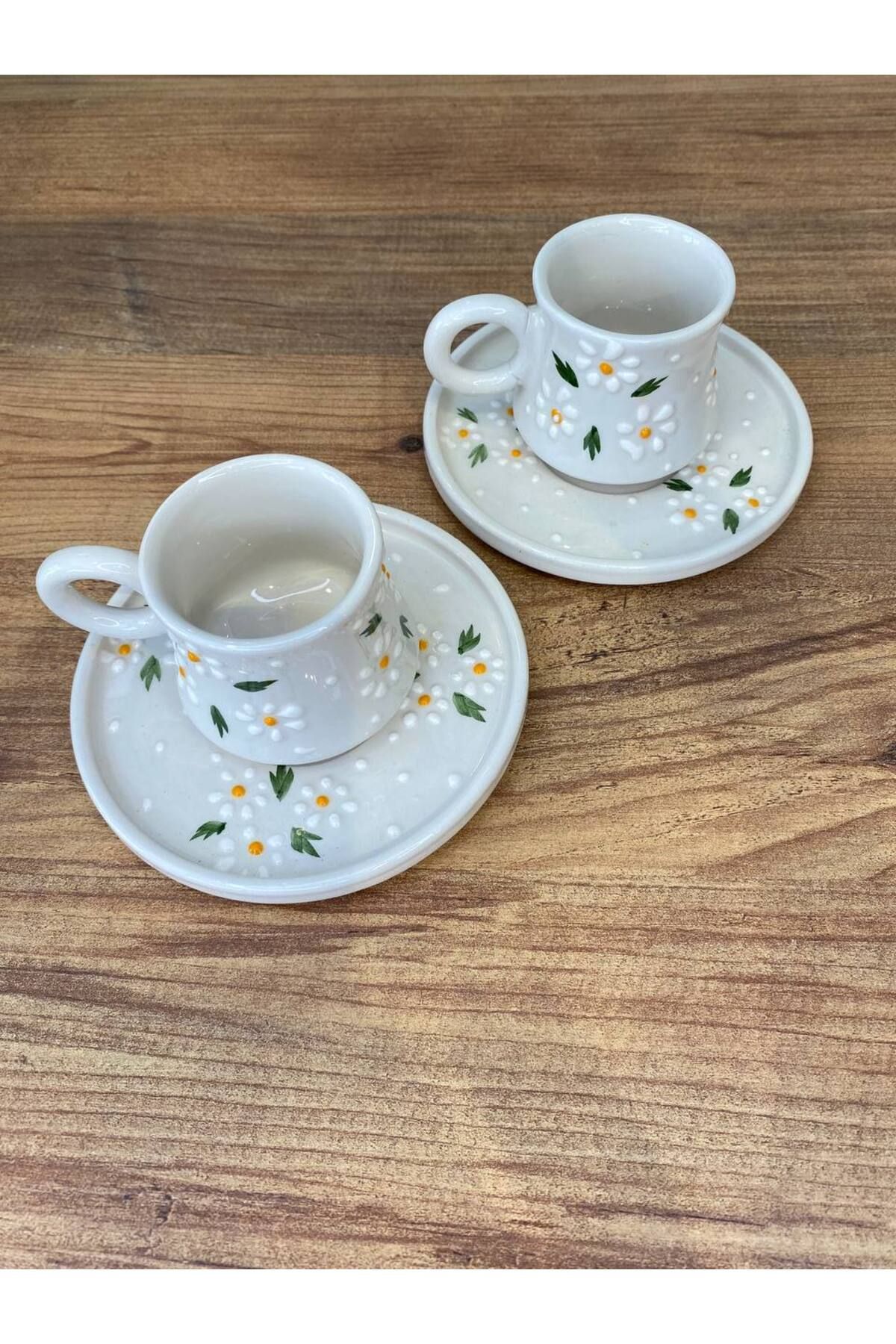 ColorCraft 3'lü Papatya Desenli Türk Kahvesi Fincanı 2 kişilik El İşlemeli