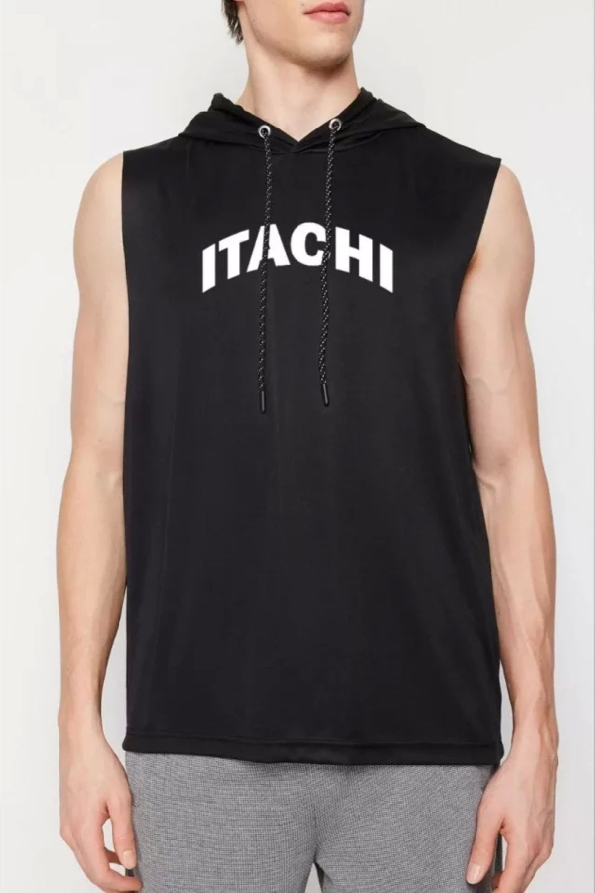 MODA Unisex Kapşonlu Kolsuz Baskılı Oversize Tshirt iyah