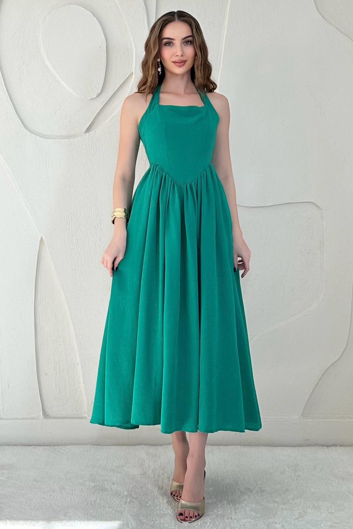 Elbee Fashion Woman Boyundan Bağlamalı Keten Elbise