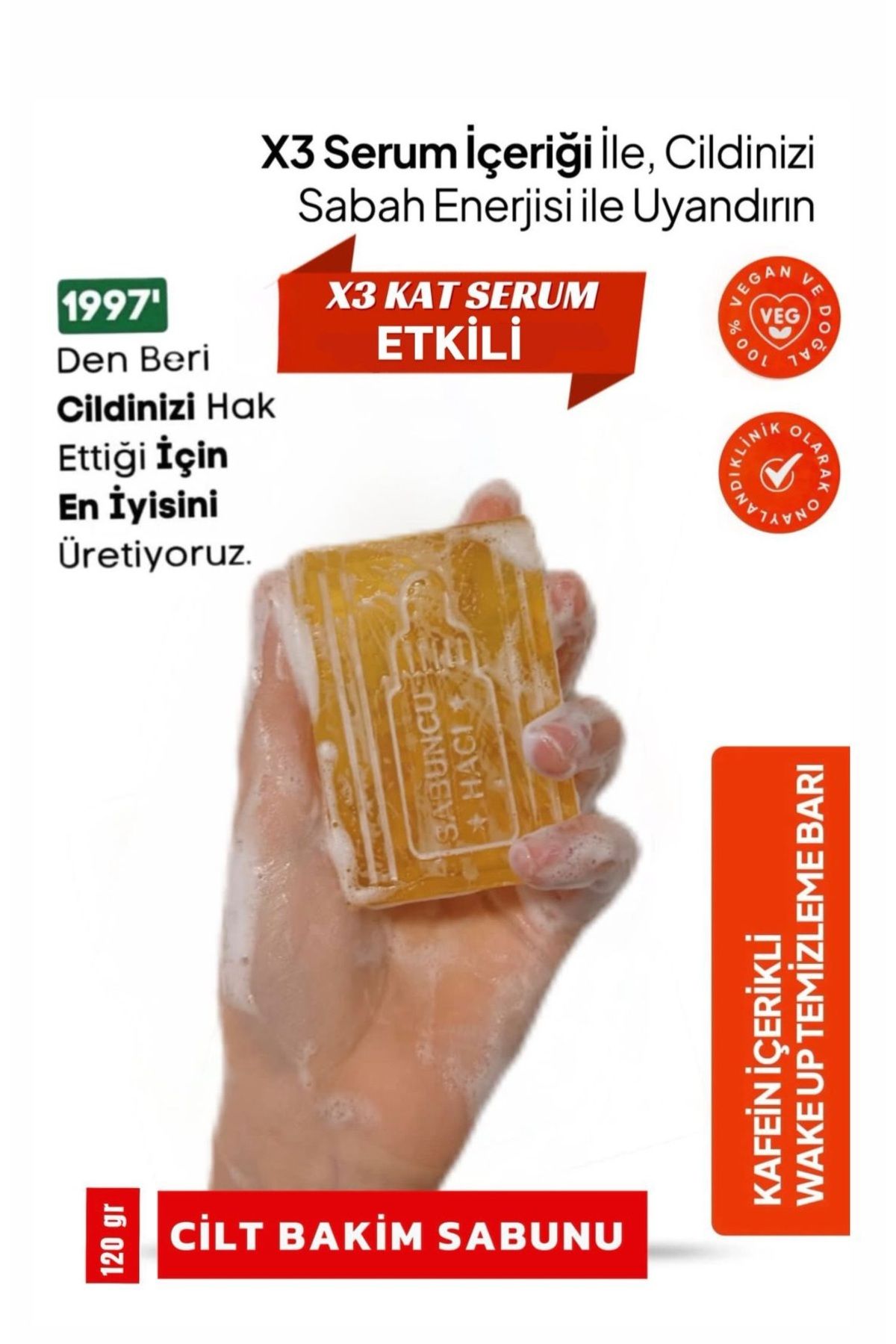 Sabuncu Hacı Wake up Yüz Temizleme Barı,ekstra kafein Serumu Etkili yüz şişkinlik azaltıcı sabun 120 gr
