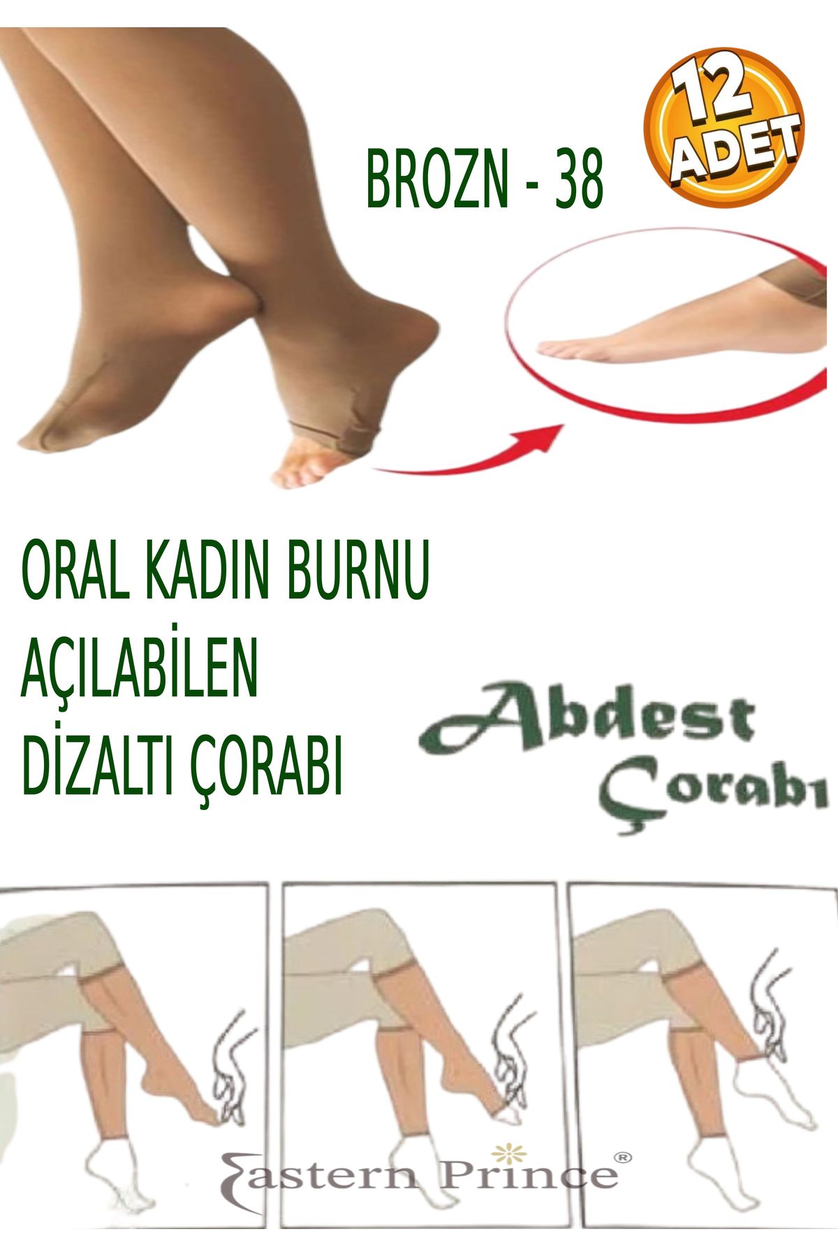 OR-AL Oral Kadın Diz Altı Burundan Pratik Açılan Abdest Çorabı 12 Adet Teni Göstermez 4 Mevsim