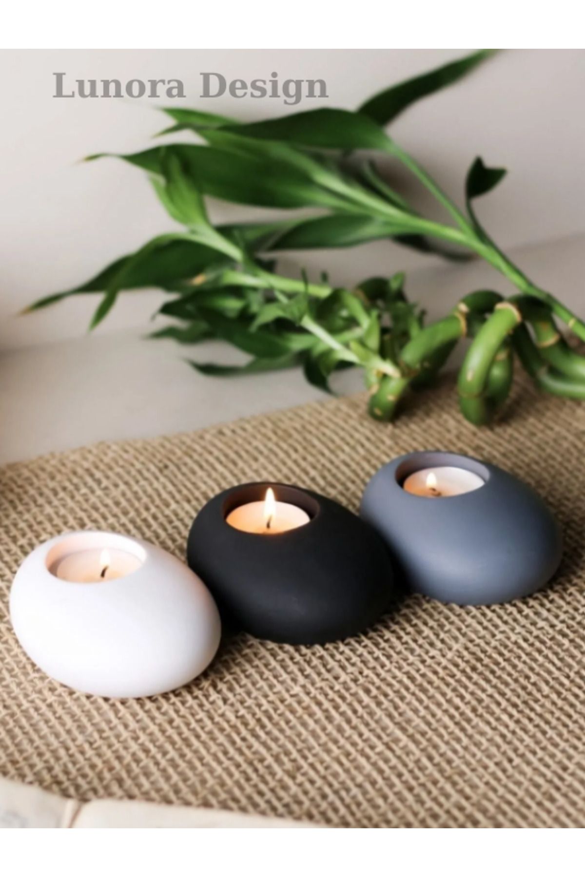 Lunora Design 3’lü Oval Taş Formlu Dekoratif Mumluk Seti – Siyah, Beyaz, Gri | Lunora Design