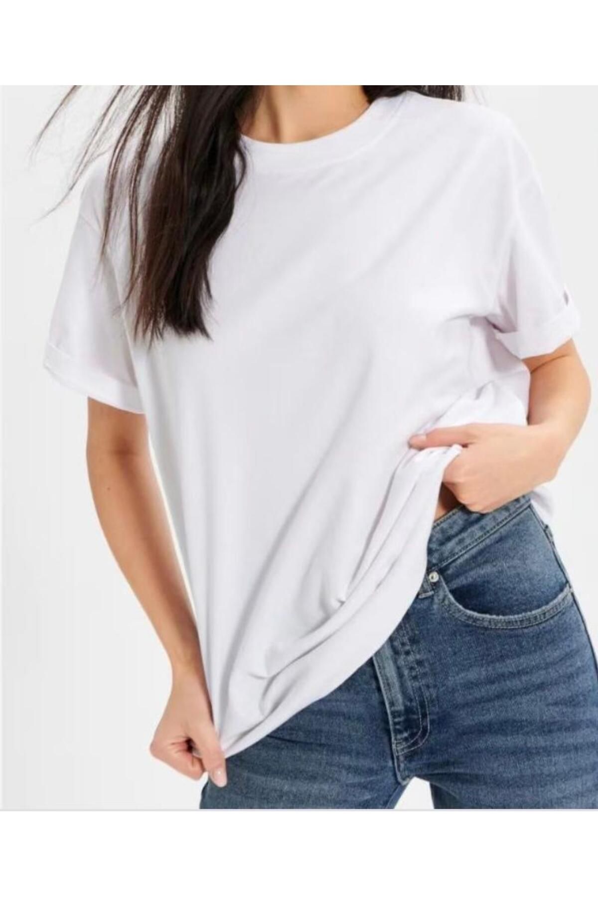 KANERUZ Unisex Rahat Kesim Bisiklet Yaka Beyaz Tişört
