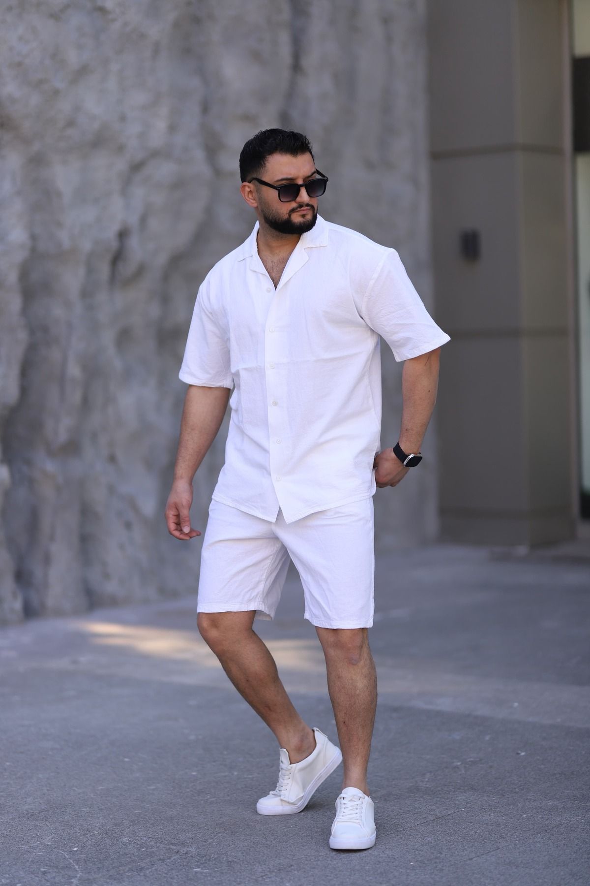 MYRAB DENİM Beyaz Renk Gömlek Şort Erkek Keten Takım Oversize Kalıp