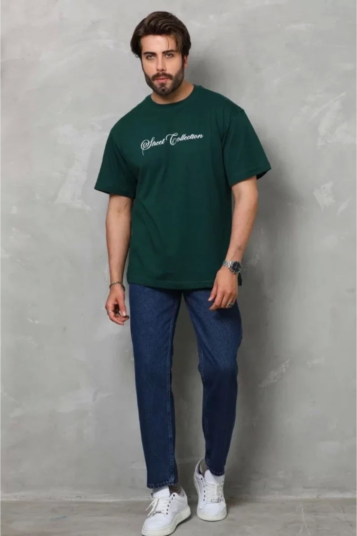 MODA Unisex Bisiklet Yaka Baskılı Oversize Thirt Yeşil
