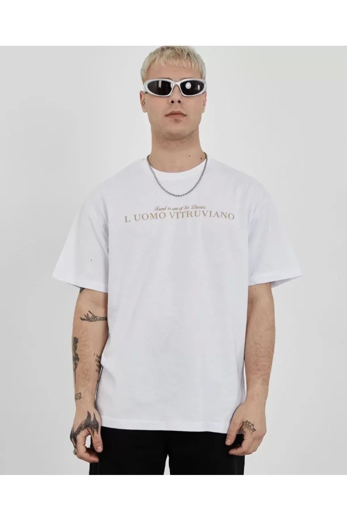 MODA Unisex Bisiklet Yaka Baskılı Oversize Thirt Beyaz