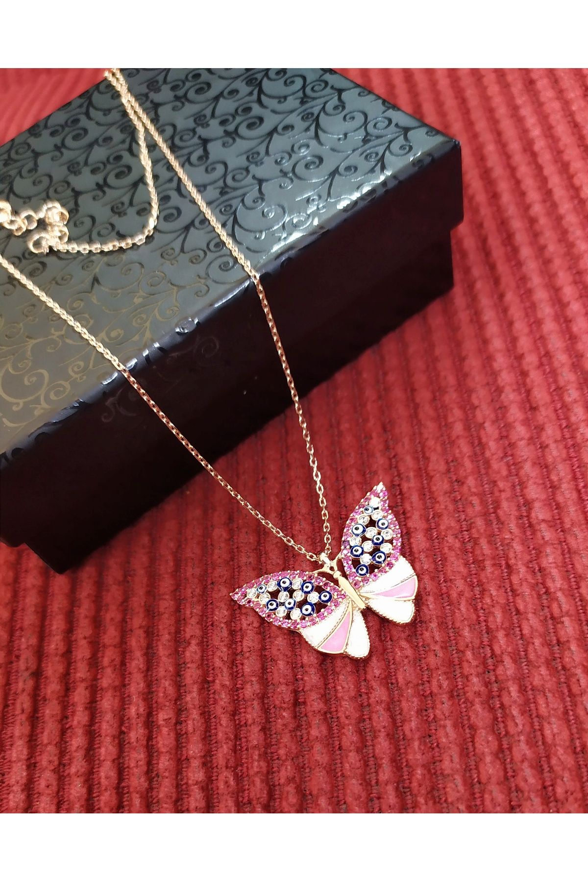 MODA Modahilye - 925 Ayar Gümüş Pembe Kelebek Nazar Boncuklu Rozegold Renk Kolye