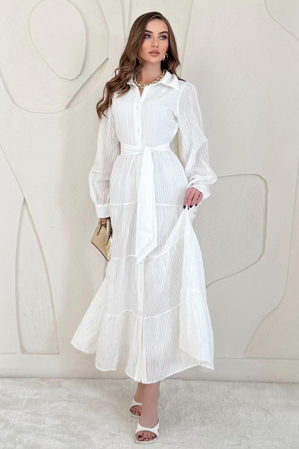 Elbee Fashion Woman Modal Jakar Çizgili Uzun Elbise