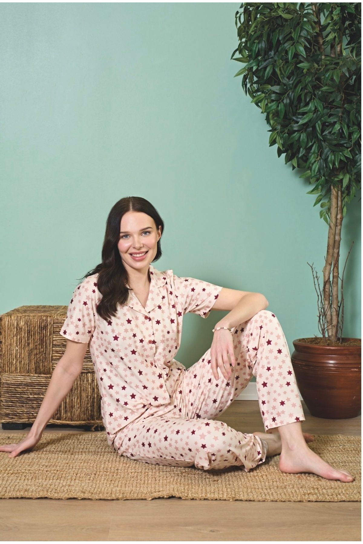 Over Sleep by Poleren Tüylenmez Kırışmaz Kumaş Yazlık Kısa Kol Kadın Gömlek Pijama Takımı