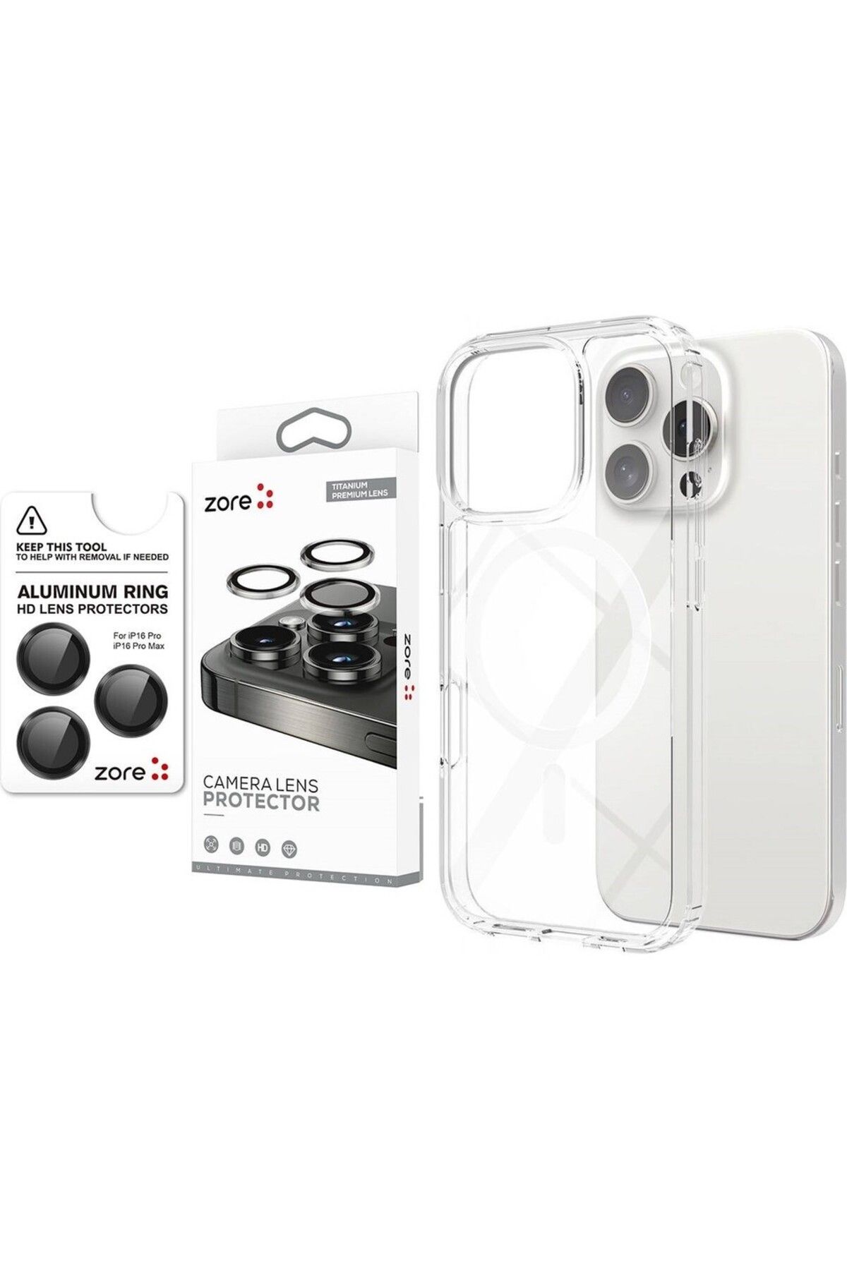 Vendas iPhone 16 Pro Max Kılıf M-safe Şarj Özellikli Şeffaf Sert PC Vendas Embos Kapak +Safir Lens Koruyucu