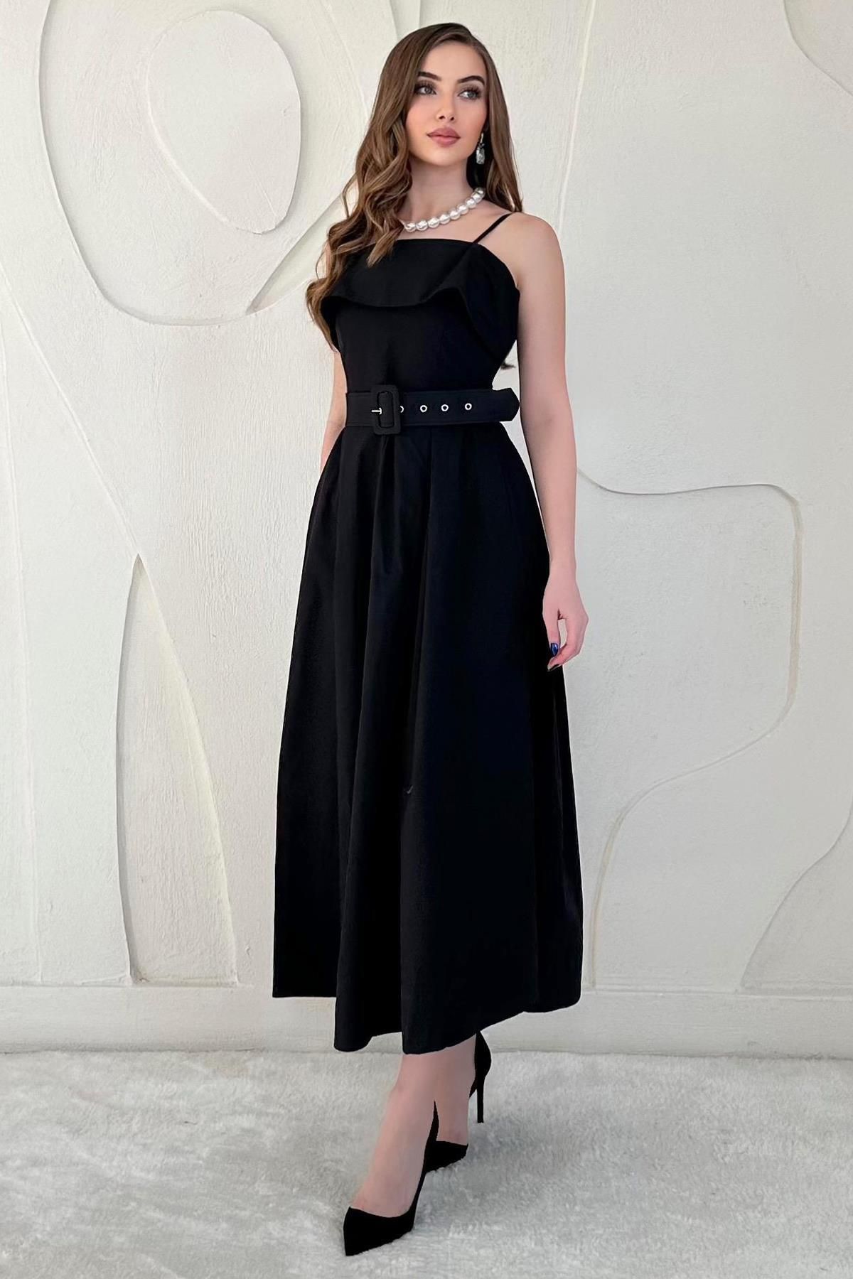 Elbee Fashion Woman Beli Kemerli Askılı Pileli Elbise