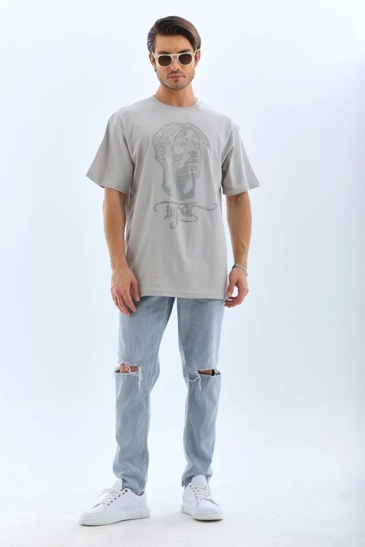 MODA Unisex Oversize Taşlı Bisiklet Yaka Thirt Gri