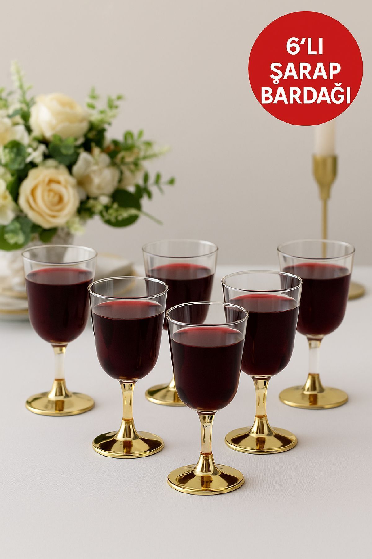 Open Home Concept 6'lı Gold Base Plastik Şarap Bardağı Düğün, Davet, Organizasyon, Parti için Dayanıklı 150 ml