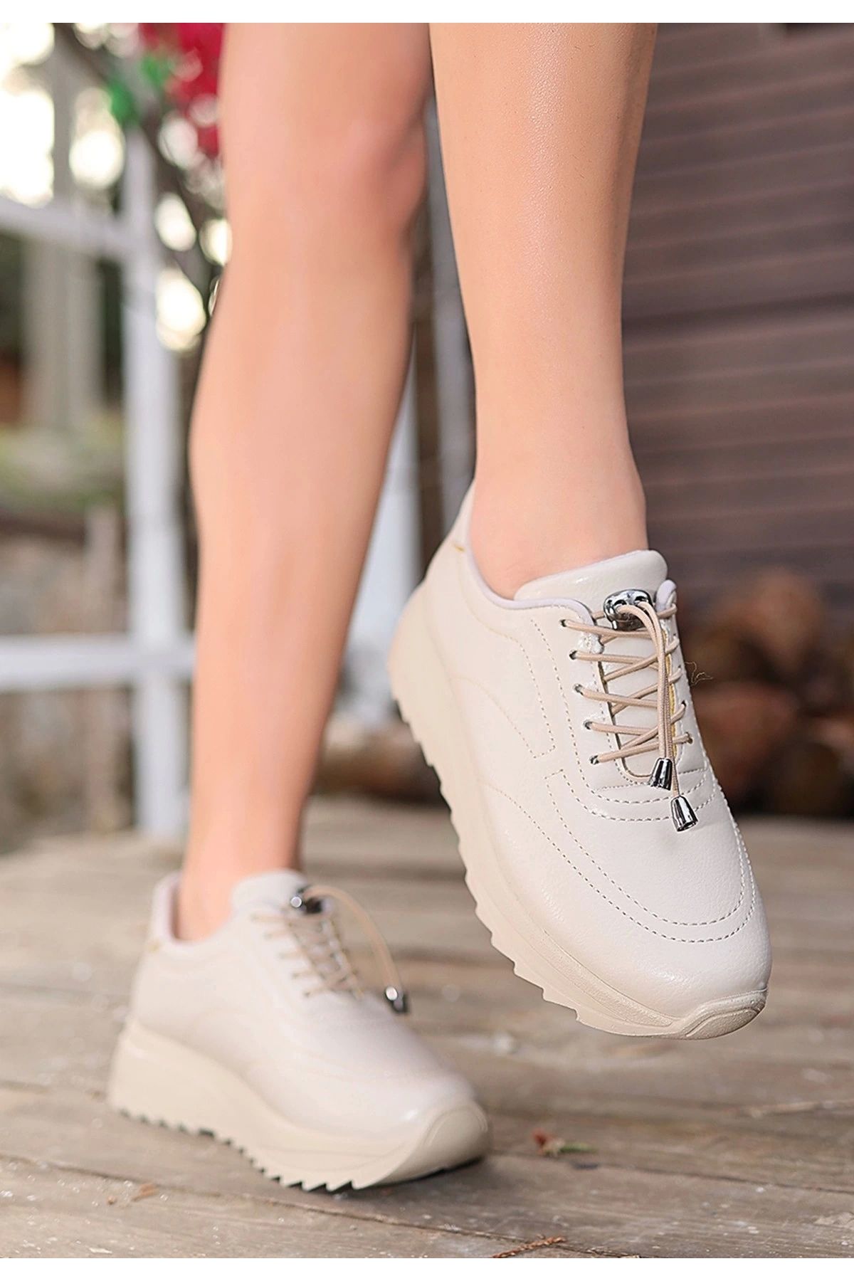 OurStyles Romy Bej Cilt Bağcıklı Spor Ayakkabı