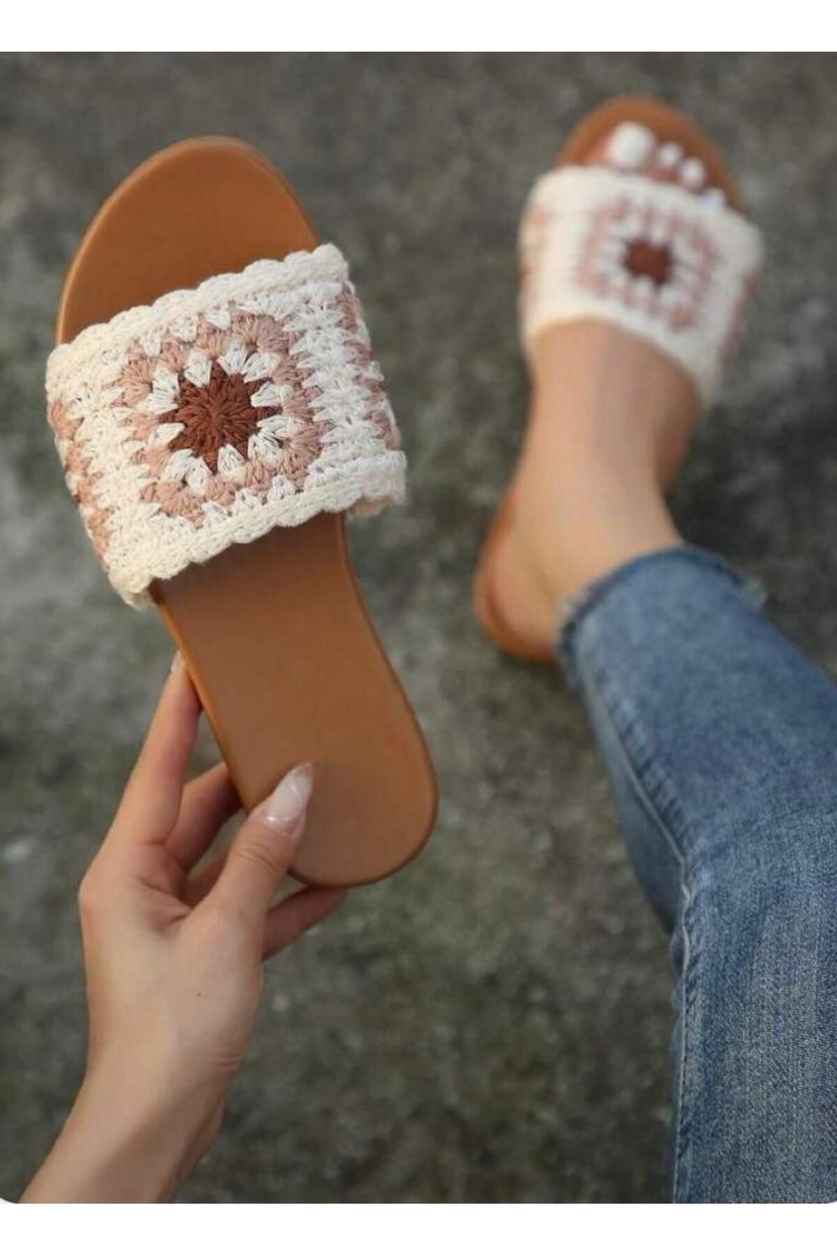 shop Krem Motifli El Yapımı Terlik