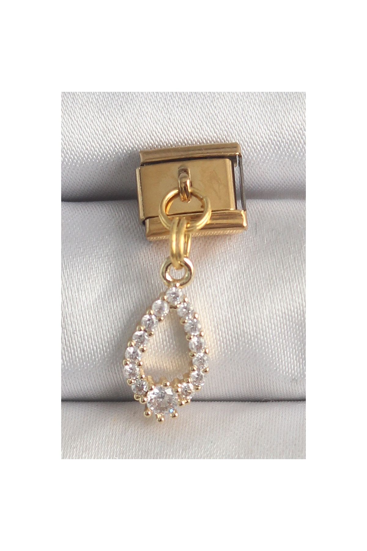 maarketim 316L Çelik Gold Renk Sallantı Zirkon Taşlı Damla Model Nomination Charm