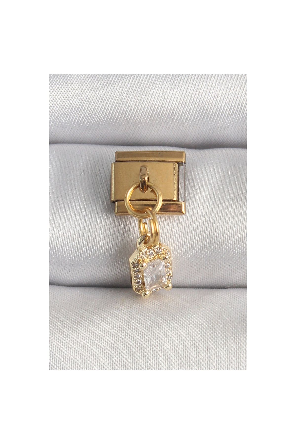 maarketim 316L Çelik Gold Renk Sallantı Zirkon Taşlı Kare Model Nomination Charm