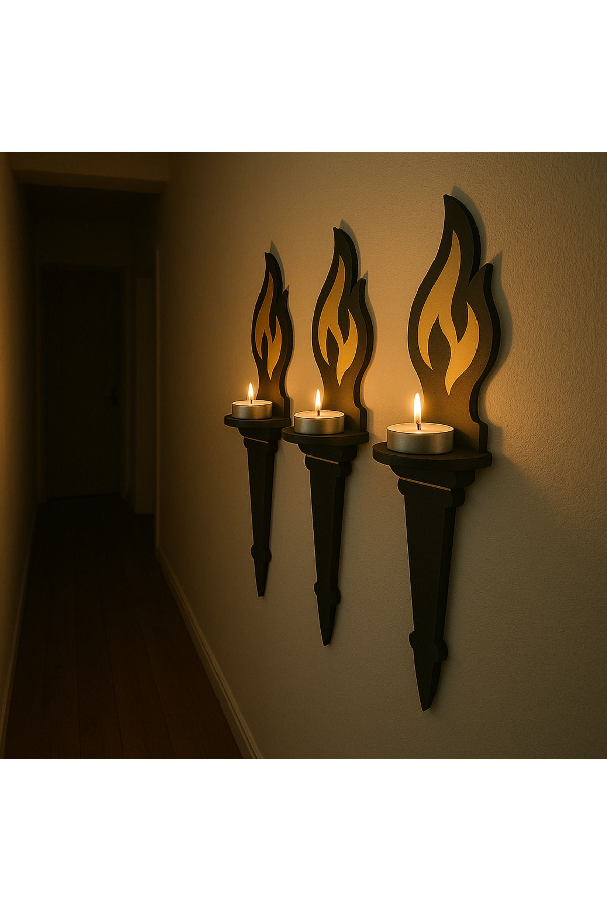 Artella Gold Detaylı Modern Meşale Mumluk Seti (3 Parça)