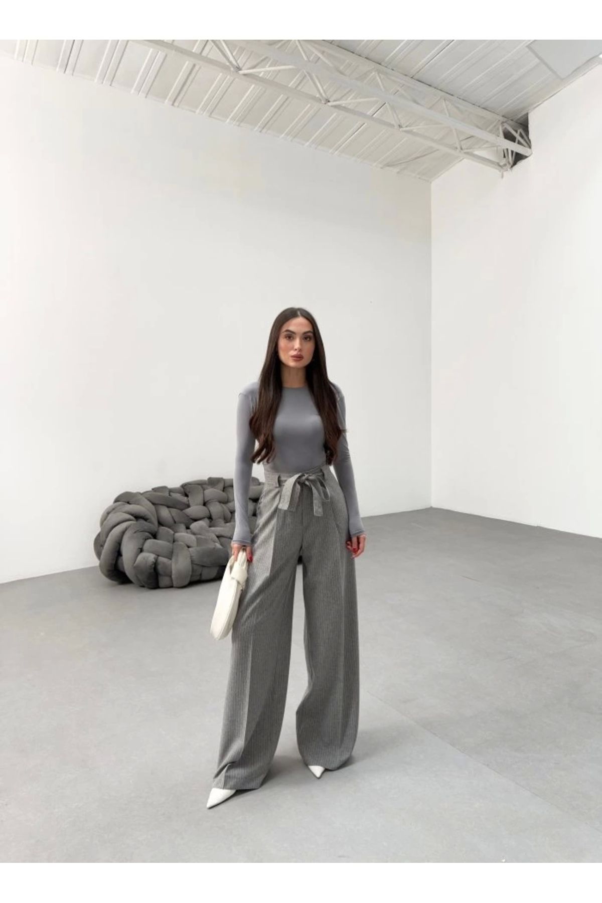 MODA Sante Çizgili Bel Kuşakli Palazzo Pantolon