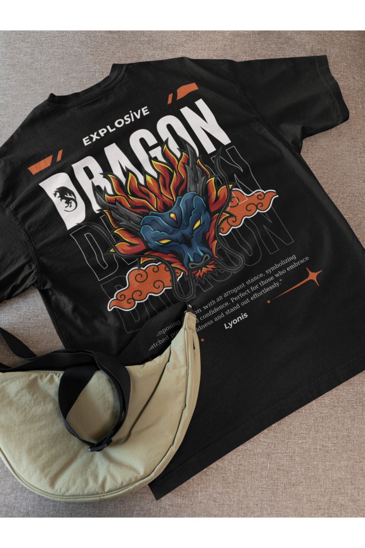 Lyonis Erkek Oversize Dragon Baskılı Bisiklet Yaka Penye T-Shirt