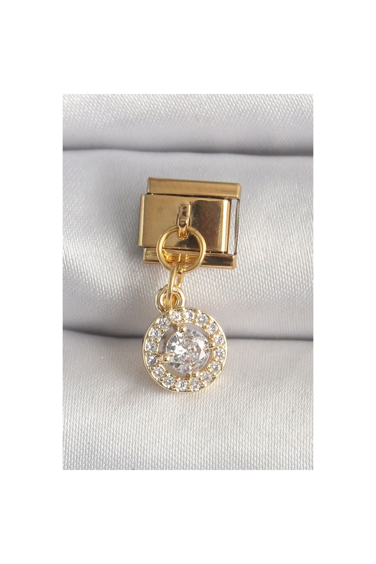 maarketim 316L Çelik Gold Renk Sallantı Daire Zirkon Taşlı Nomination Charm