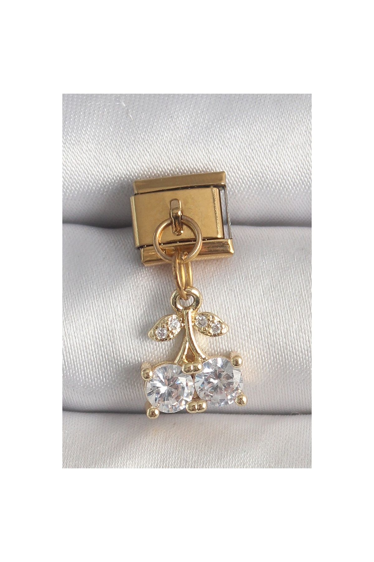 maarketim 316L Çelik Gold Renk Sallantı Zirkon Taşlı Kiraz Model Nomination Charm