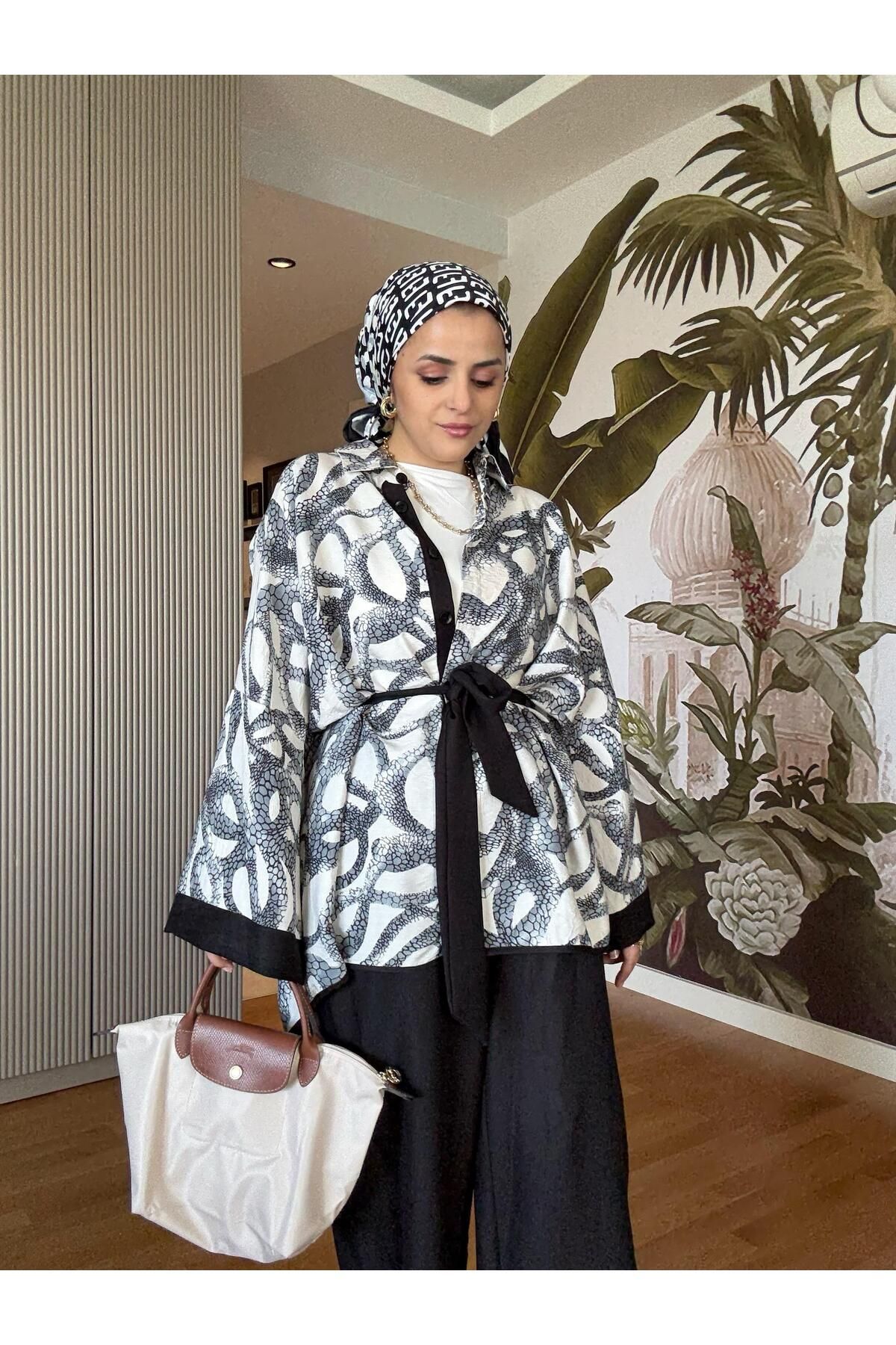Aselim Hijap Moda Yılan Desenli Pamuk Keten Kimono Takım | Yazlık Rahat Tesettür İkili Takım Siyah