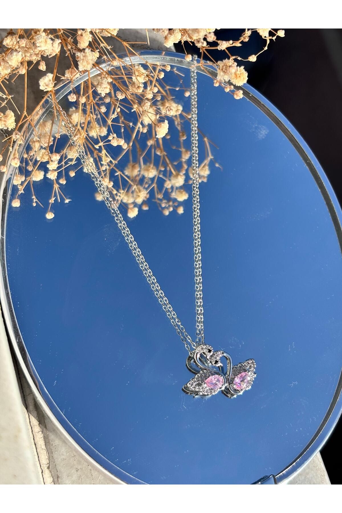 Bellamy Jewelry Pembe Taşlı Kuğu Kolye - Silver
