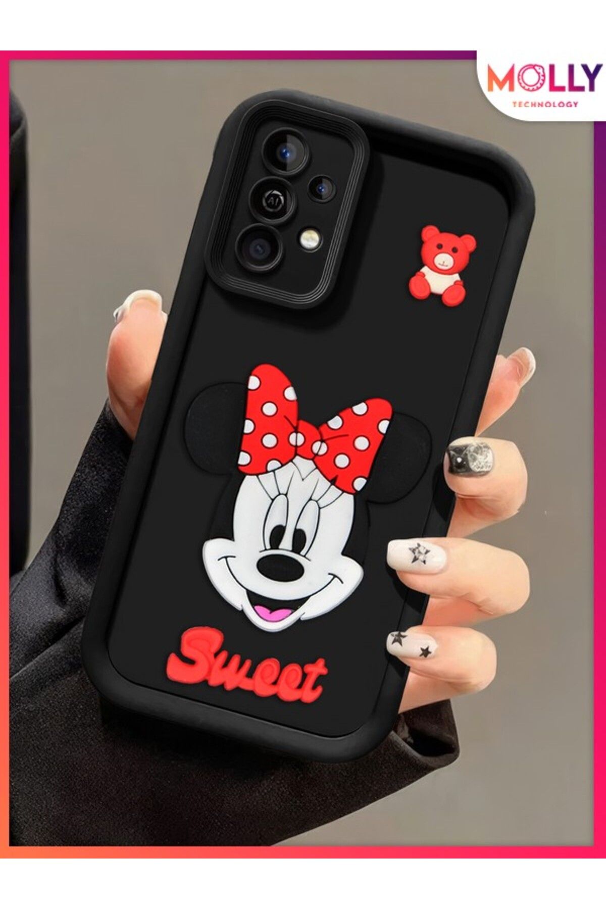 Molly Samsung Galaxy A32 İçin Siyah Kenarları Kalın 3d Kabartmalı Sevimli Minnie Silikon Kılıf