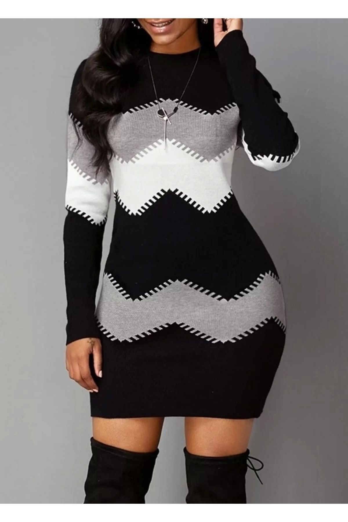 MODA Kadın Uzun Kollu Zigzag Desen Triko Elbise