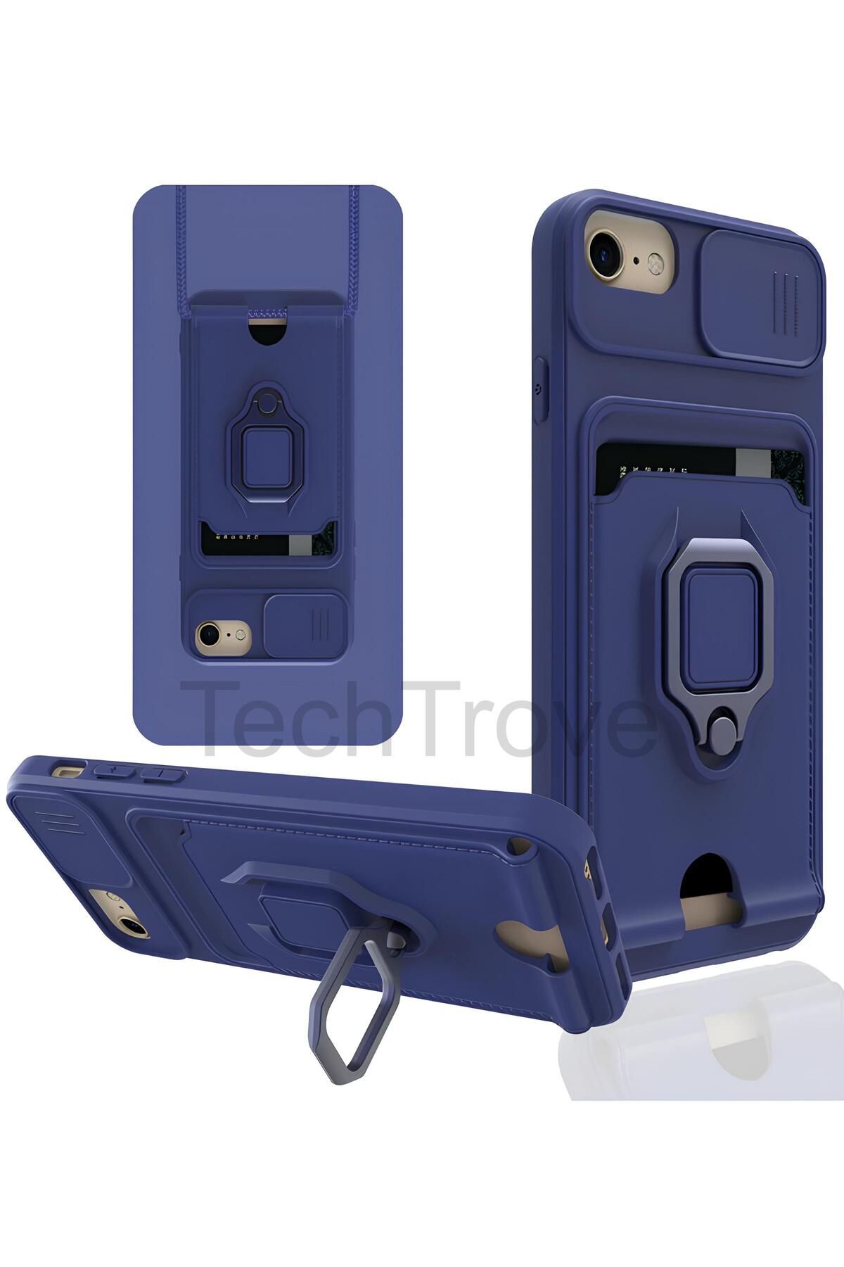 TechTrove iPhone 7 Kılıf Kamera Koruma Sürgülü Kartvizitli Kartlıklı Standlı İpli Renkli Kapak
