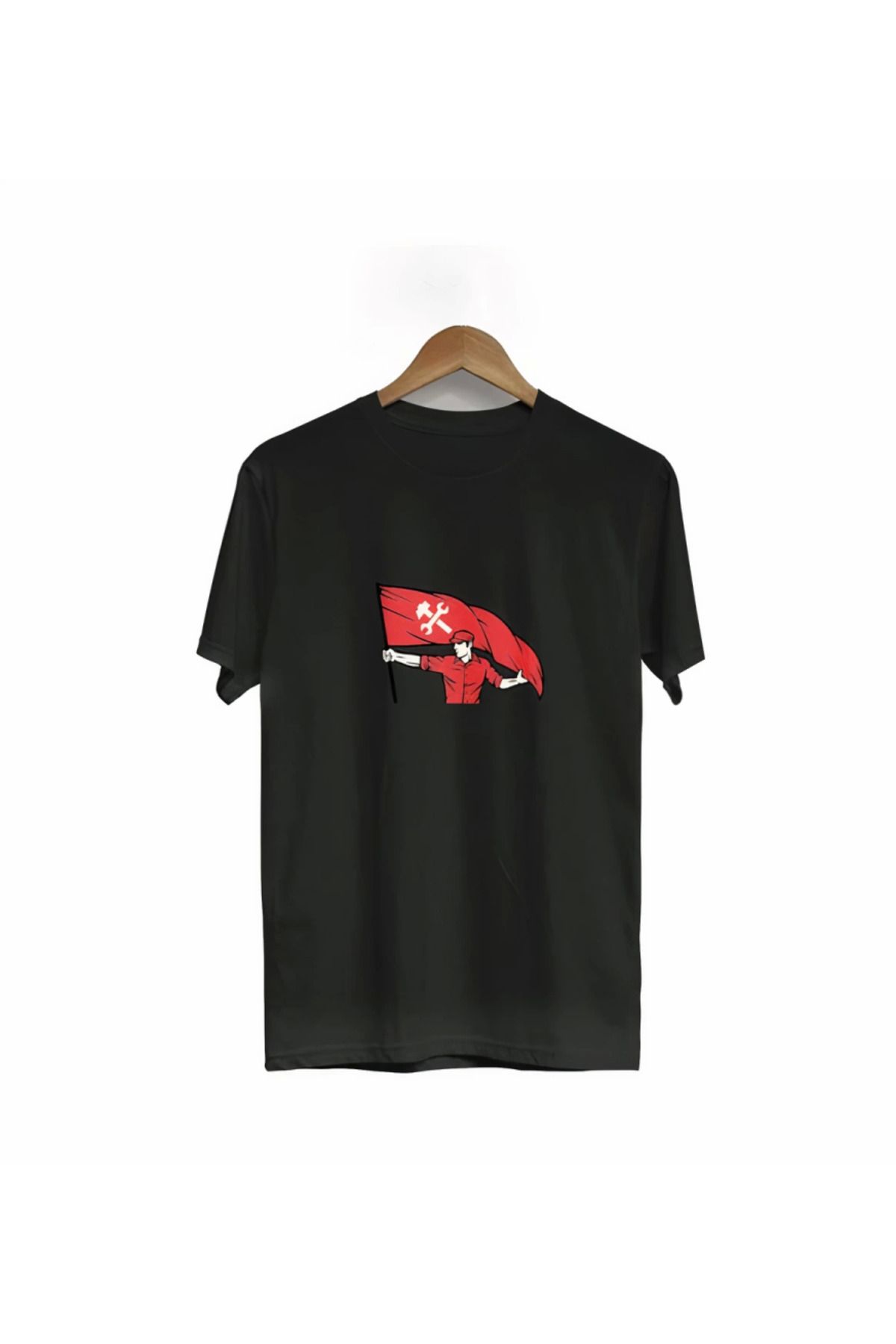 Eserden 1 Mayıs Emekçilerimiz İçin Özel Tasarım Bayraklı Emekçi Baskılı T-shirt - Siyah