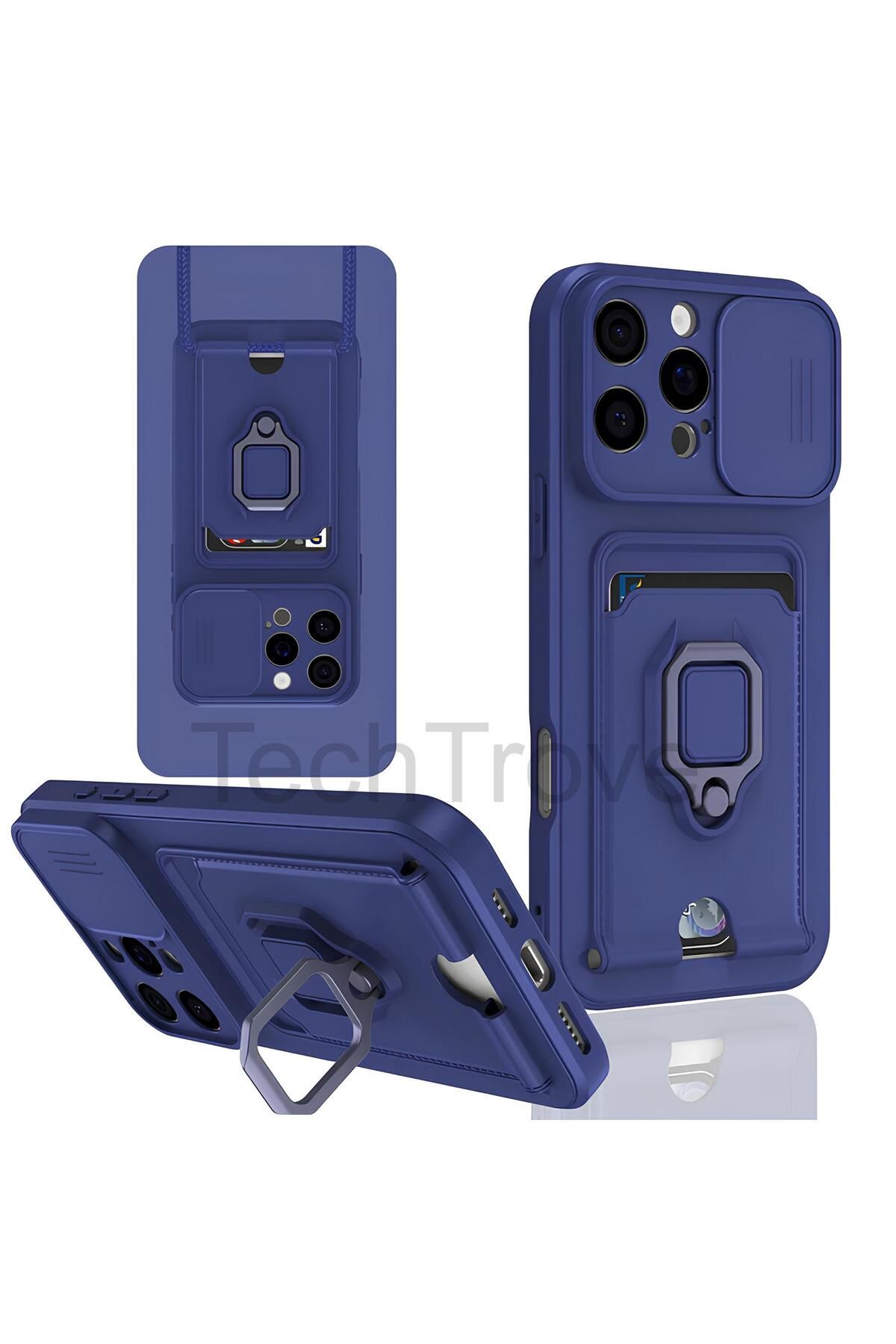 TechTrove iPhone 16 Pro Max Kılıf Kamera Koruma Sürgülü Kartvizitli Kartlıklı Standlı İpli Renkli Kapak