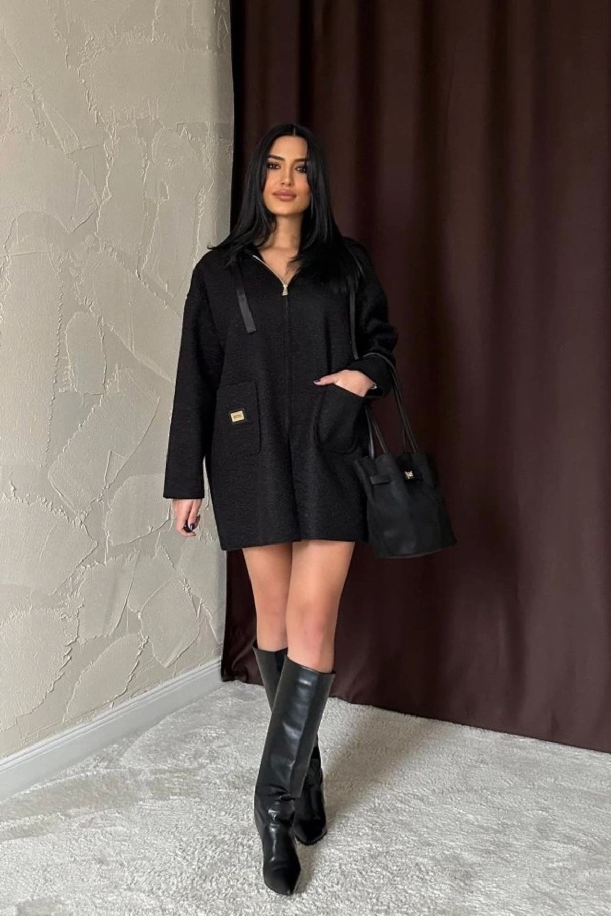 MODA iyah Armalı Kapşonlu Peluş Ceket