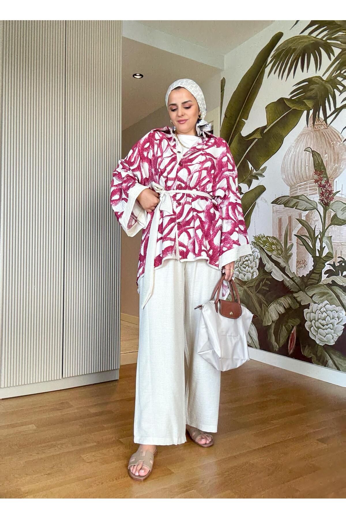 Aselim Hijap Moda Yılan Desenli Pamuk Keten Kimono Takım | Yazlık Rahat Tesettür İkili Takım Pembe