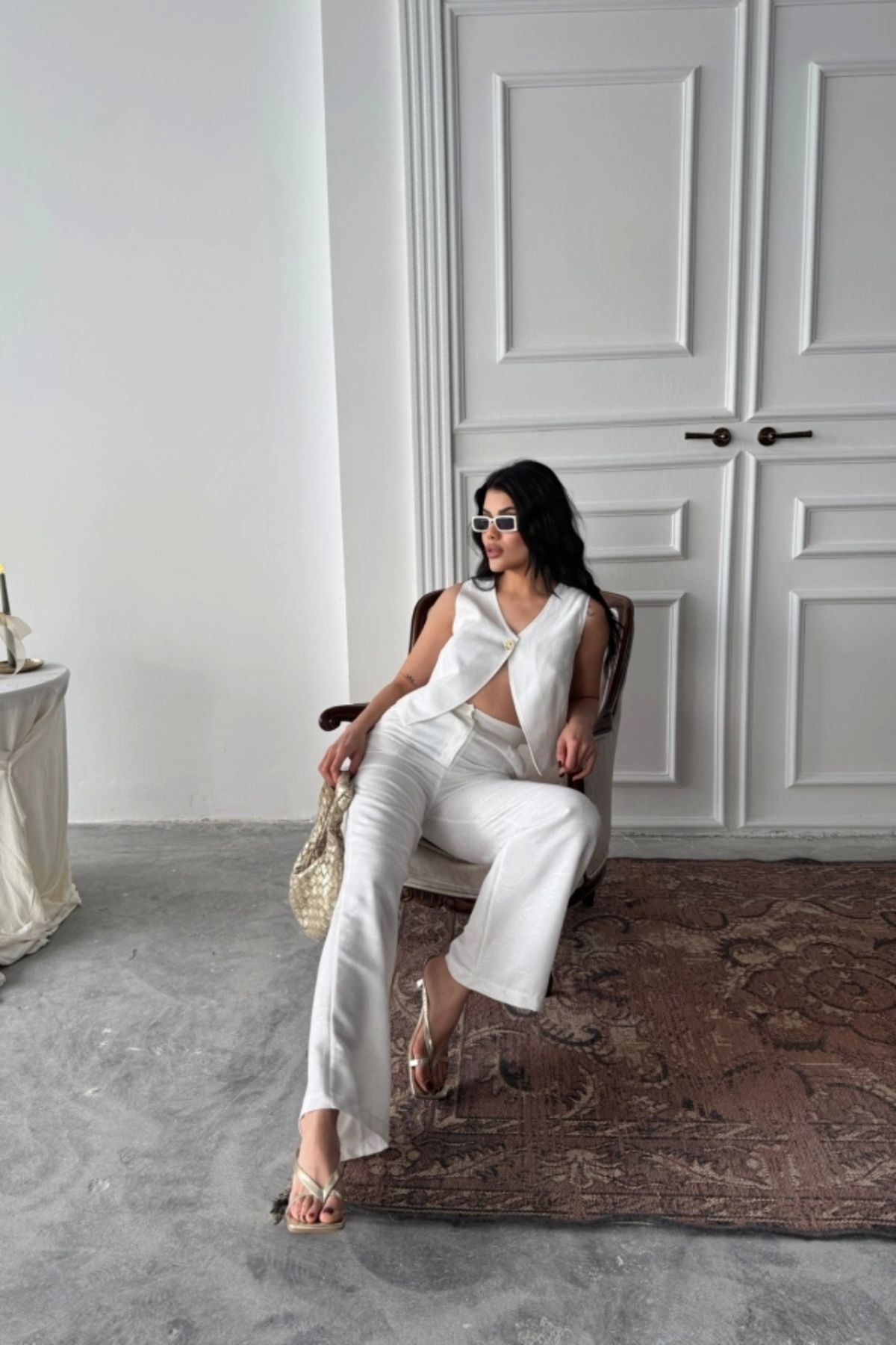MODA Keten Tek Düğme Yelek Pantoon Taki Beyaz
