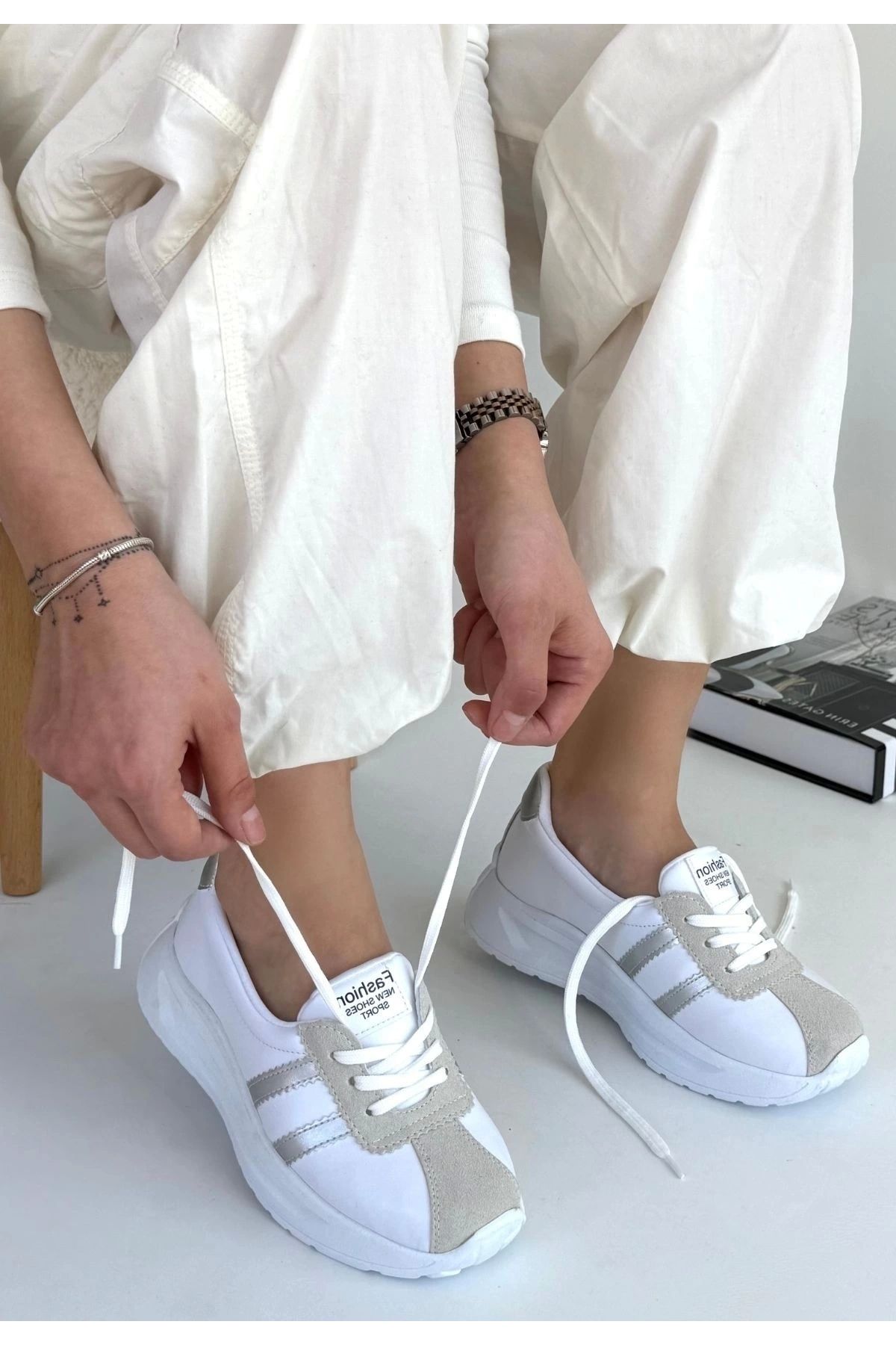 OurStyles Shat Beyaz Cilt Gri Şeritli Spor Ayakkabı