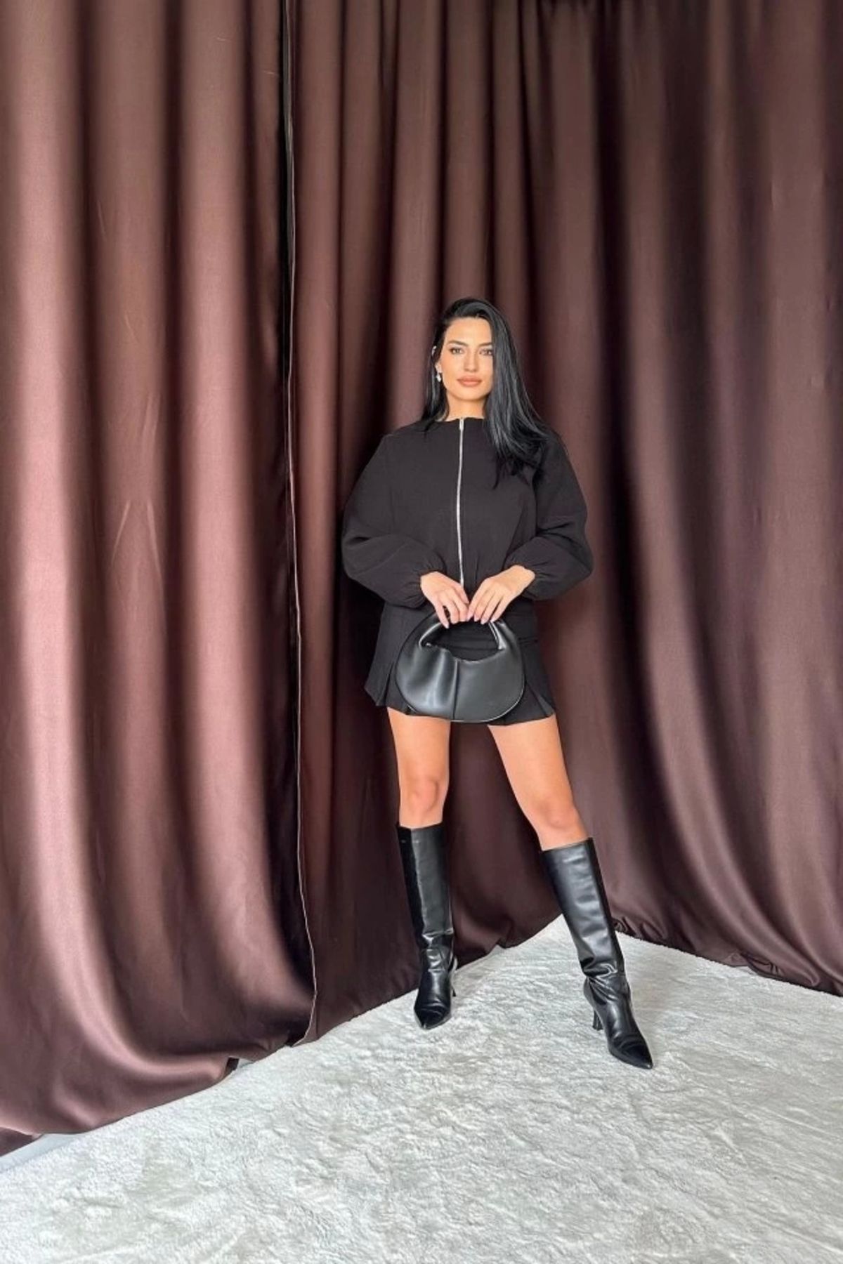 MODA iyah Kısa Önü Fermuarlı Bomber Ceket