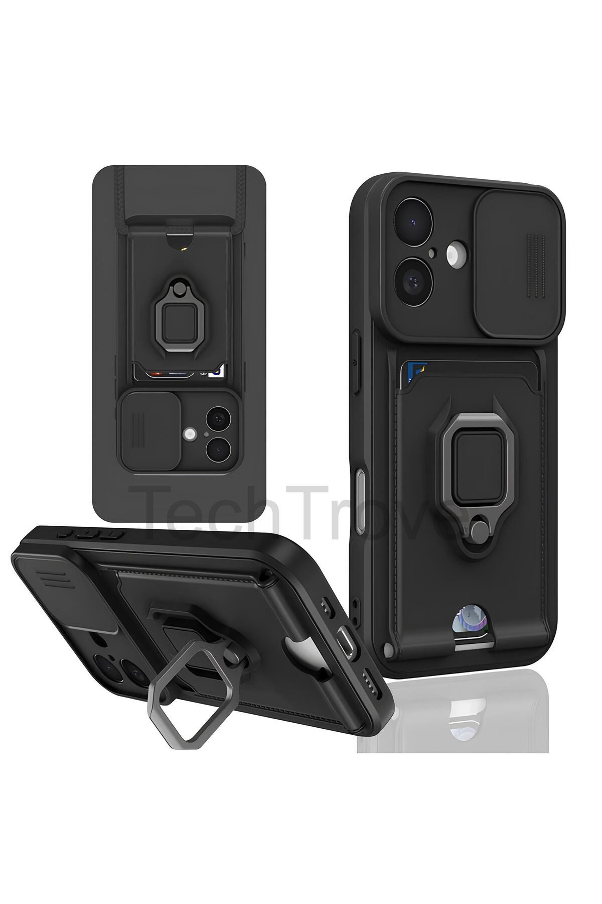 TechTrove iPhone 16 Kılıf Kamera Koruma Sürgülü Kartvizitli Kartlıklı Standlı İpli Renkli Kapak
