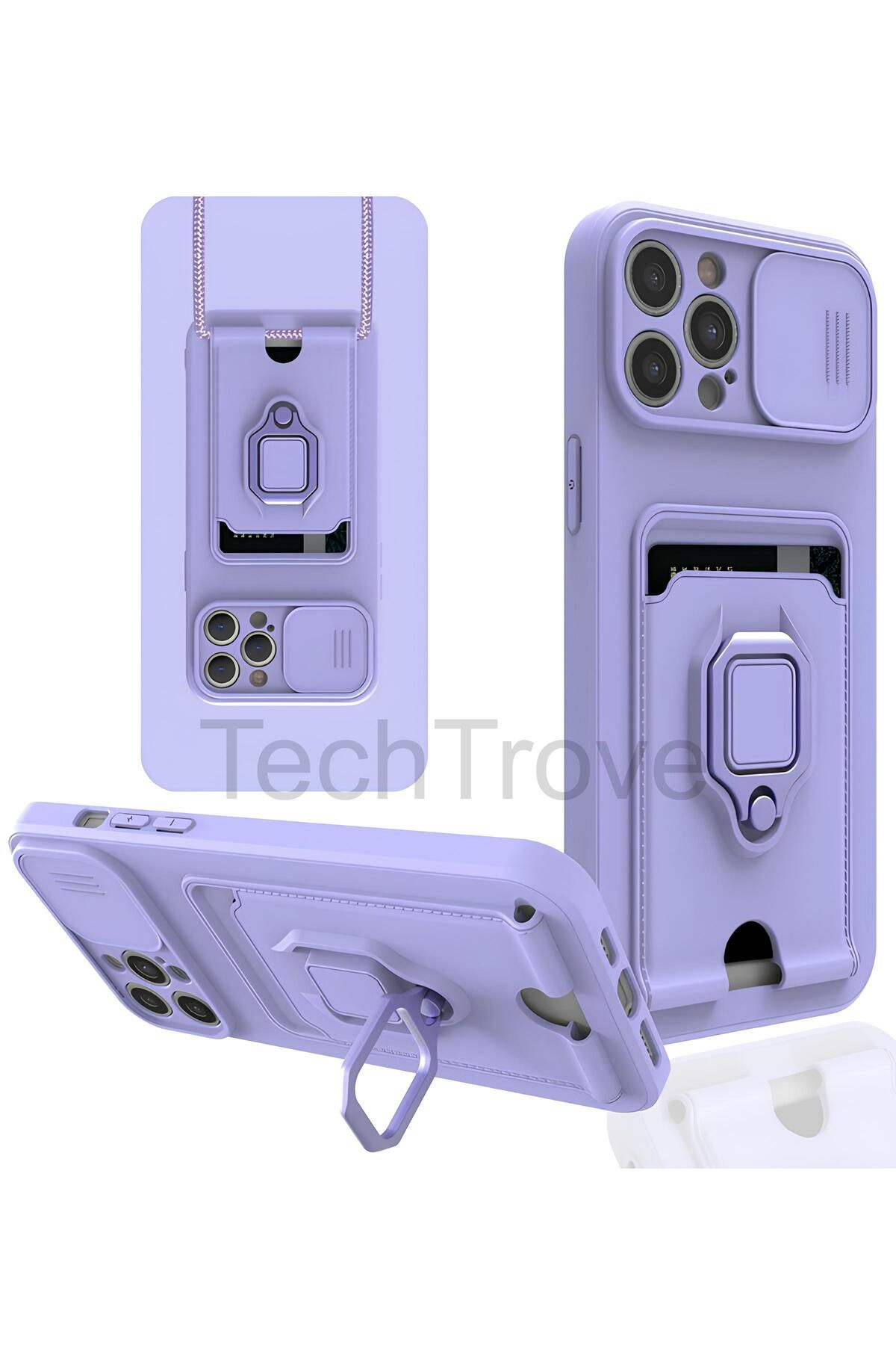 TechTrove iPhone 12 Pro Max Kılıf Kamera Koruma Sürgülü Kartvizitli Kartlıklı Standlı İpli Renkli Kapak