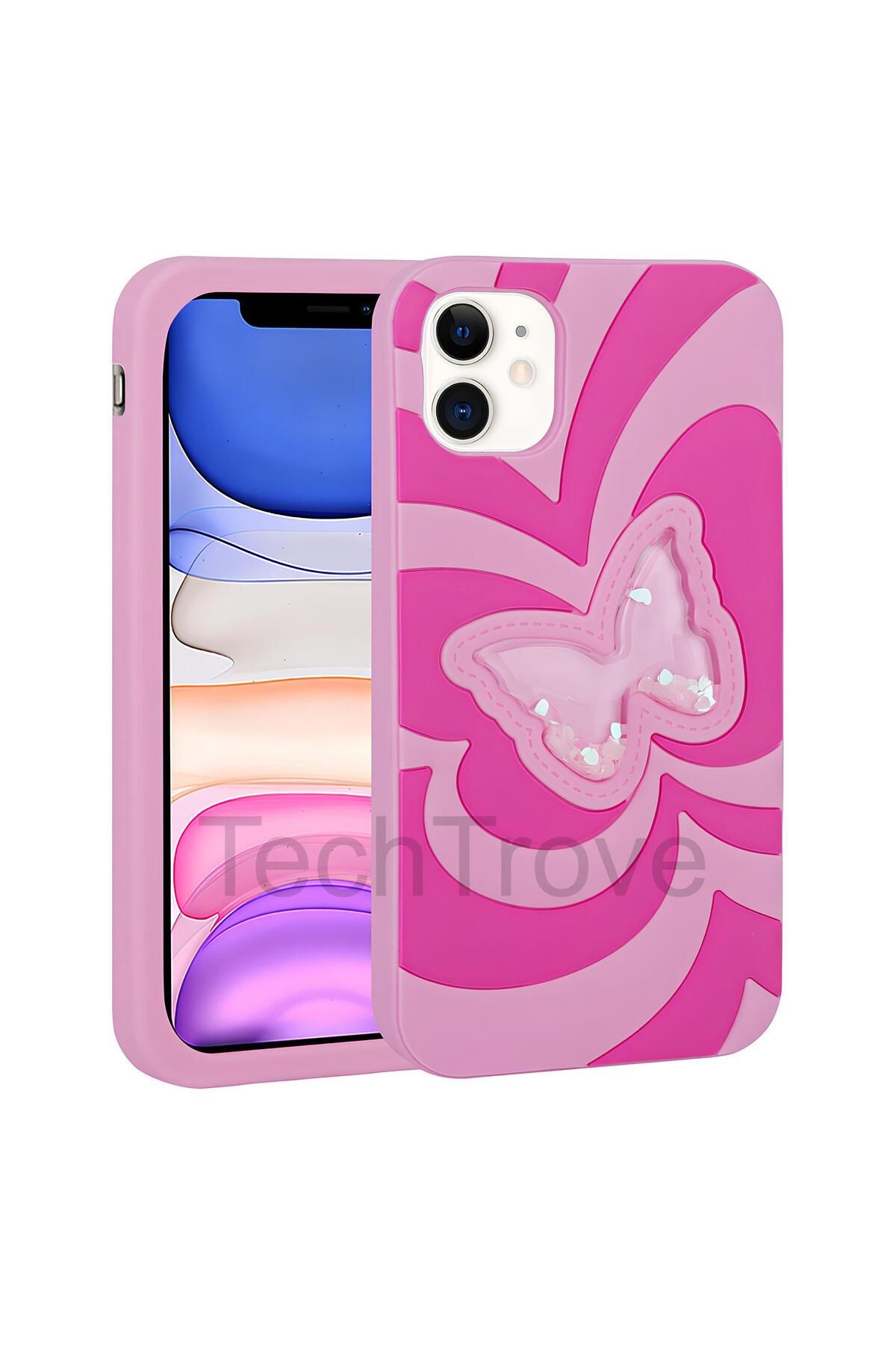 TechTrove Apple iPhone 11 Kılıf Sıvılı Simli Kelebekli Tasarım Vodena Kapak