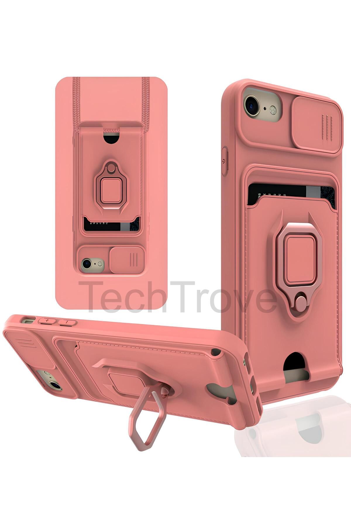 TechTrove iPhone 8 Kılıf Kamera Koruma Sürgülü Kartvizitli Kartlıklı Standlı İpli Renkli Kapak