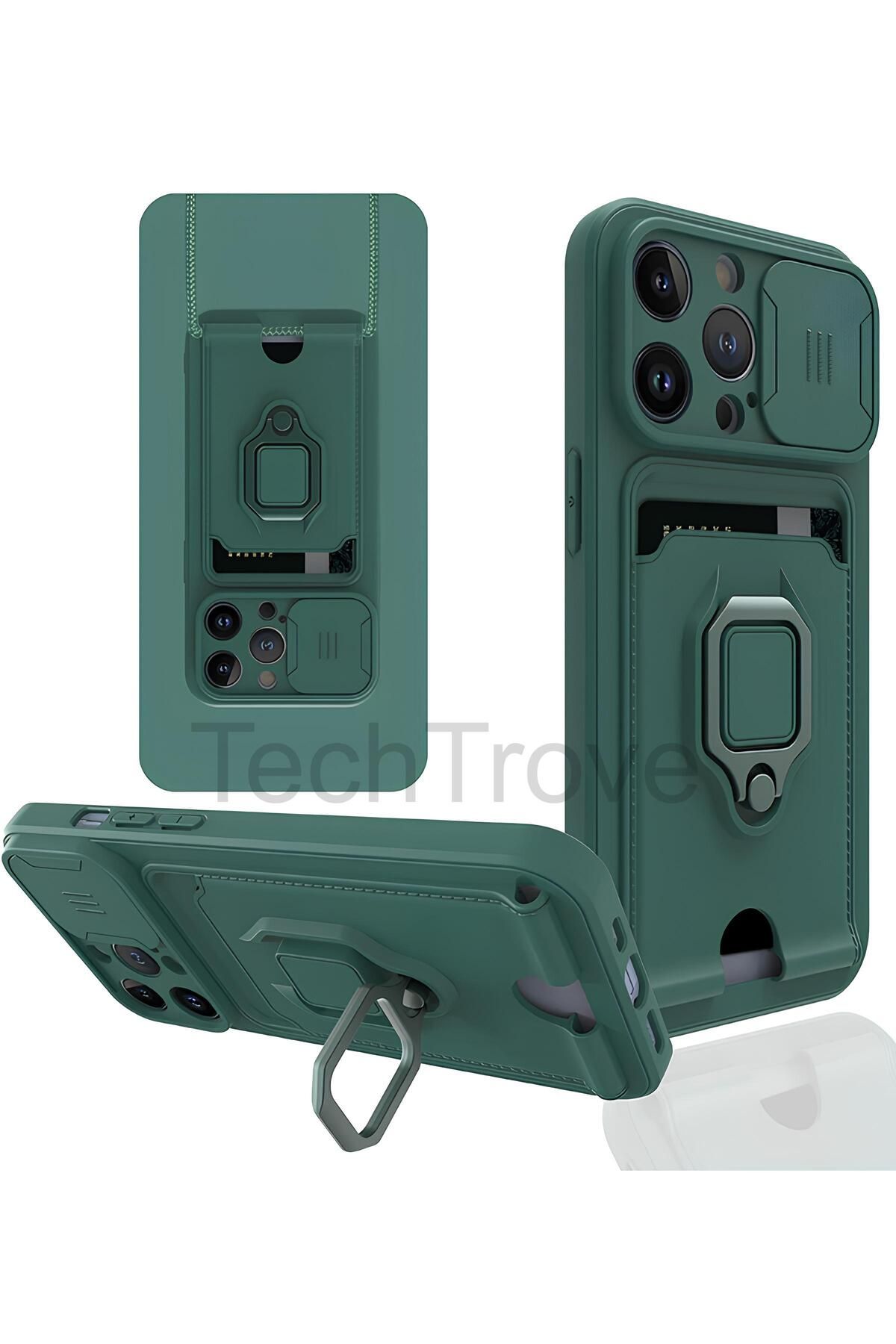TechTrove iPhone 14 Pro Kılıf Kamera Koruma Sürgülü Kartvizitli Kartlıklı Standlı İpli Renkli Kapak
