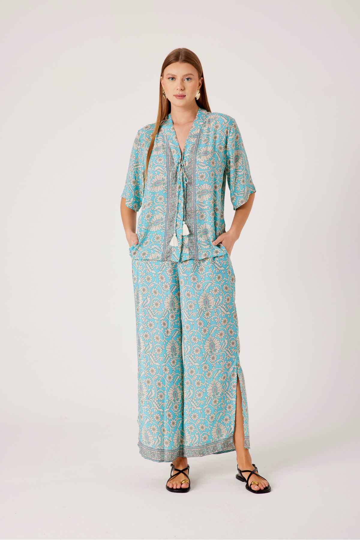 T'u Collection Yazlık Hint İpeği Pantalon Gömlek 2'li Takım