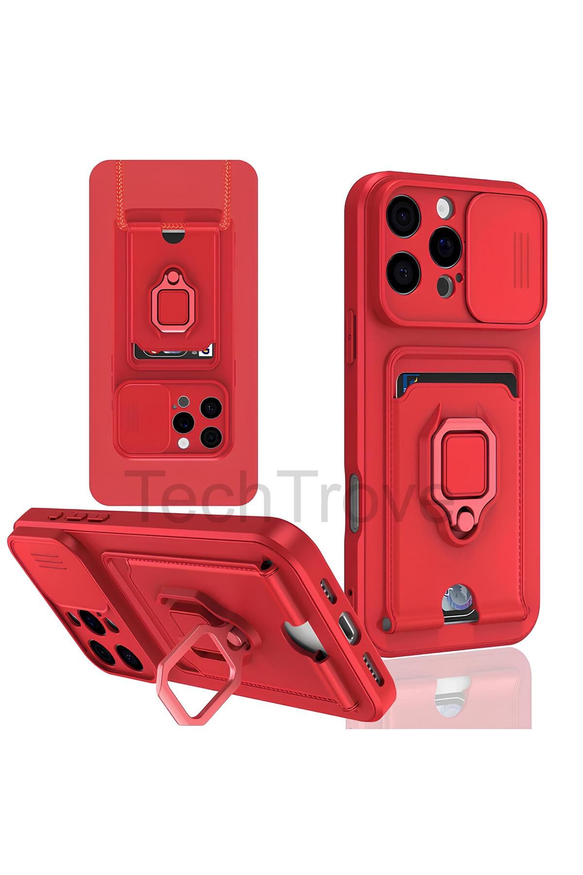 TechTrove iPhone 16 Pro Max Kılıf Kamera Koruma Sürgülü Kartvizitli Kartlıklı Standlı İpli Renkli Kapak