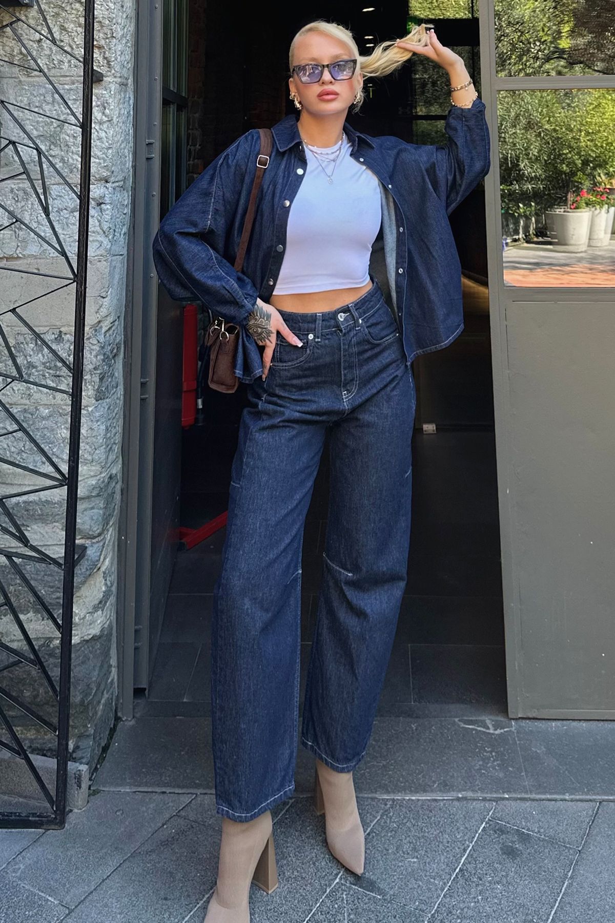 VAGGON 5 Cepli Palazzo Jean Yarasa Kol Oversize Gömlek Kısa Kollu Crop Bluz Ve Çanta Takım Denim Verse