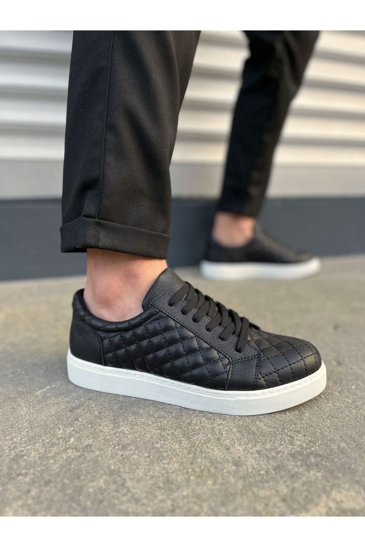 Joy Ayakkabı JY166 Prestige Bağcıklı Cilt Kapitone Desenli Erkek Günlük Sneaker Ayakkabı CBT - Siyah